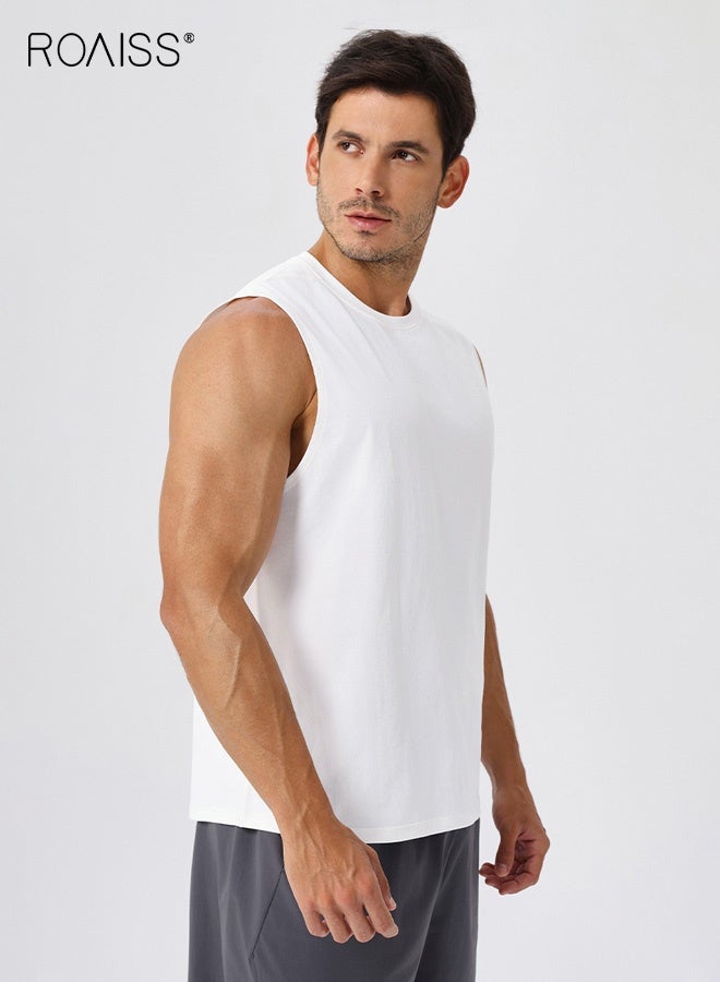 roaiss Men's Sleeveless Athletic Tank Top, Loose Fit Quick Dry Workout Shirt, Moisture Wicking Antibacterial Polyester Muscle Tank with UPF 50+ Sun Protection, Breathable Soft Stretch Sportswear for Gym, Running, Training, Summer Sports, White - Image 3